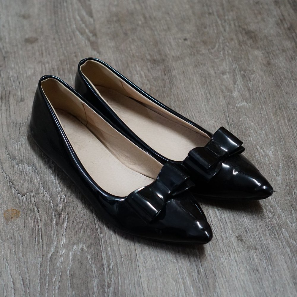 Black Patent Bow Flats Cute